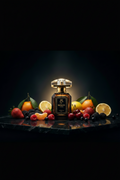 Black and gold perfume bottle with 'Rohan Scents' branding on a beige 