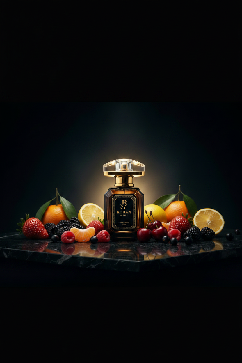 Black and gold perfume bottle with 'Rohan Scents' branding on a beige 